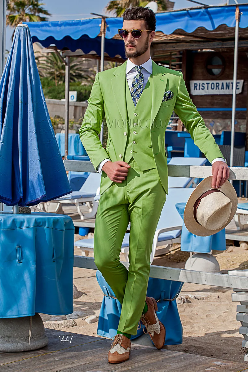 Abito uomo stile hipster in cotone verde chiaro con gilet 1