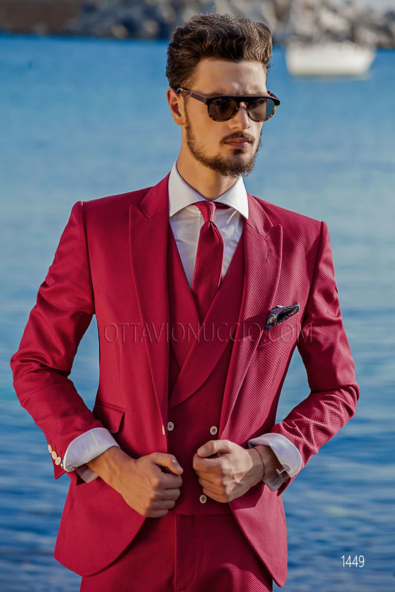 Abito uomo fucsia stile hipster in piquet di cotone con gilet doppiopetto 1