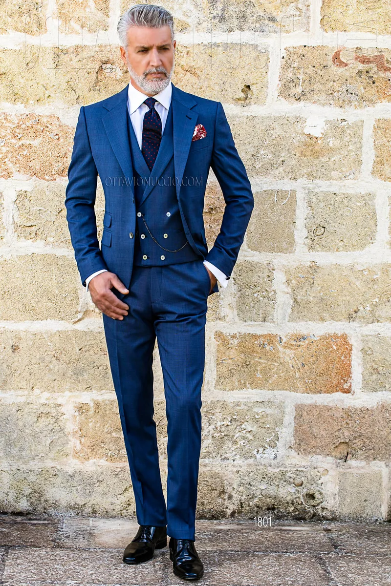 Abito sposo Principe di Galles blu tre pezzi 1