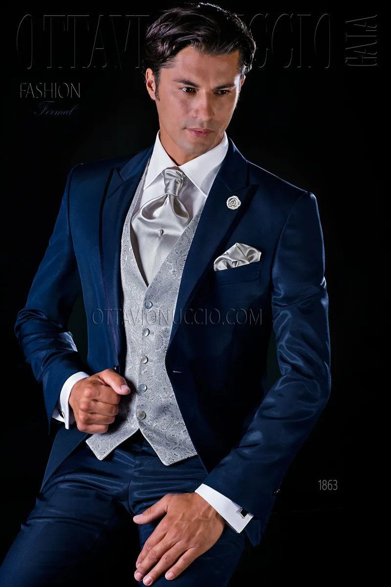 Vestito da sposo moderno blu due pezzi 1