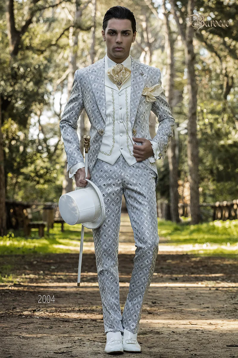 Abito stile barocco da matrimonio sposo, broccato grigio 1