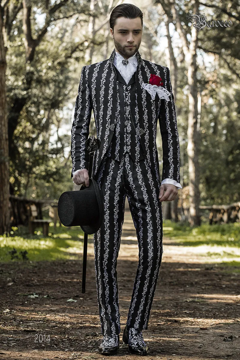 Abito coreano uomo stile barocco broccato nero argento 1