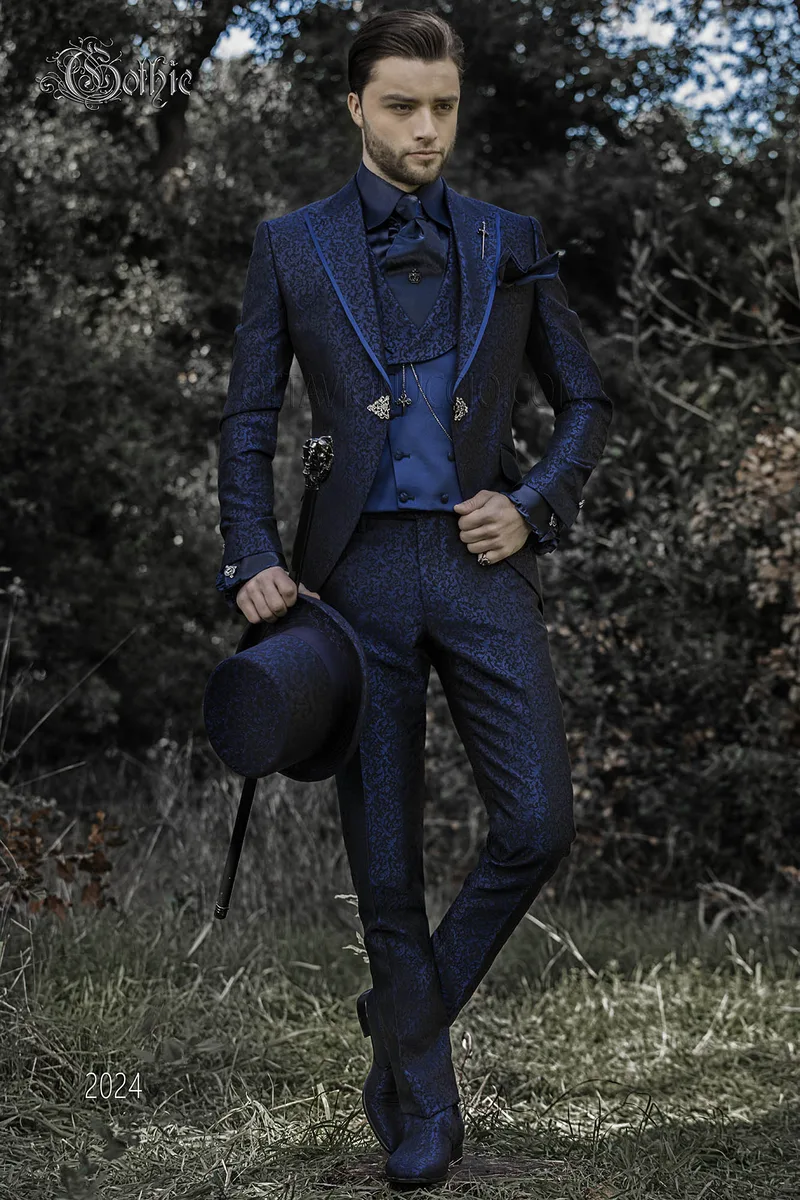 Abito sposo damascato blu stile gotico | Vestito damascato blu 1