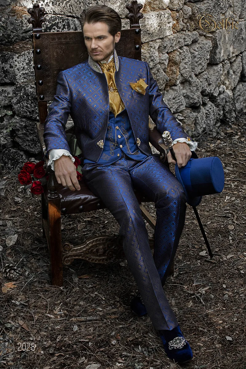 Abito frak sposo broccato blu passamanerie sul collo 2