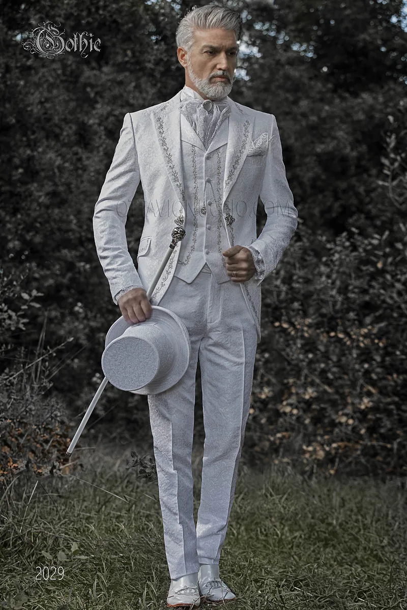 Abito sposo luxury damascato bianco ricamato argento 1