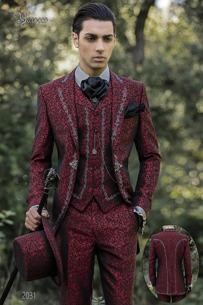 Abito damascato uomo rosso stile barocco ricamato nero-argento 1