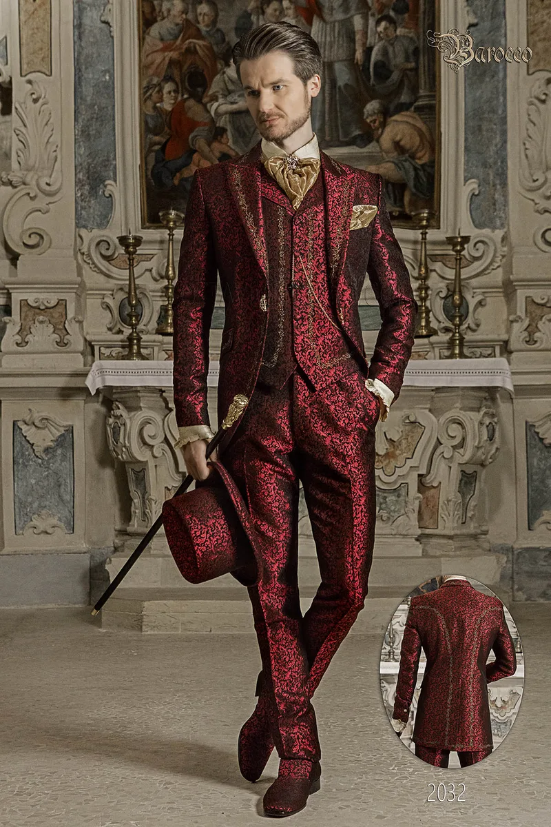 Vestito sposo damascato barocco rosso ricamo oro da sposo 1