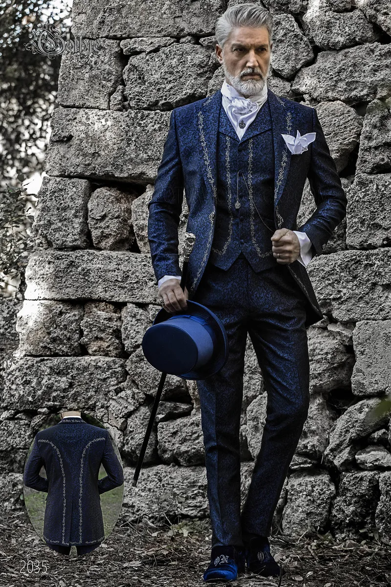 Abito da sposo luxury damascato blu ricamato argento 1