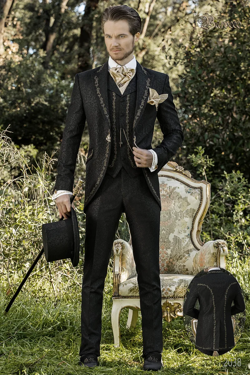 Vestito da sposo damascato nero stile barocco ricamato oro 1