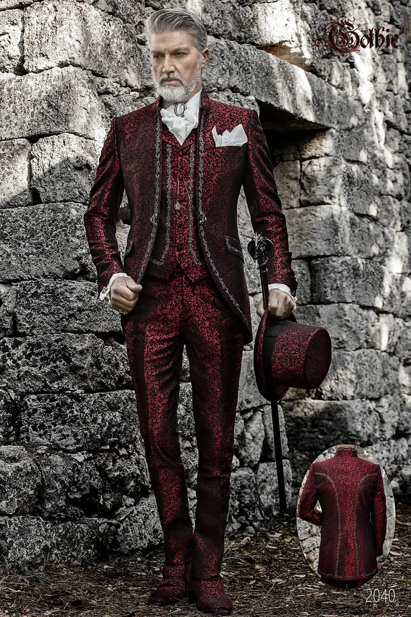 Abito di lusso sposo coreano damascato rosso stile gotico 1