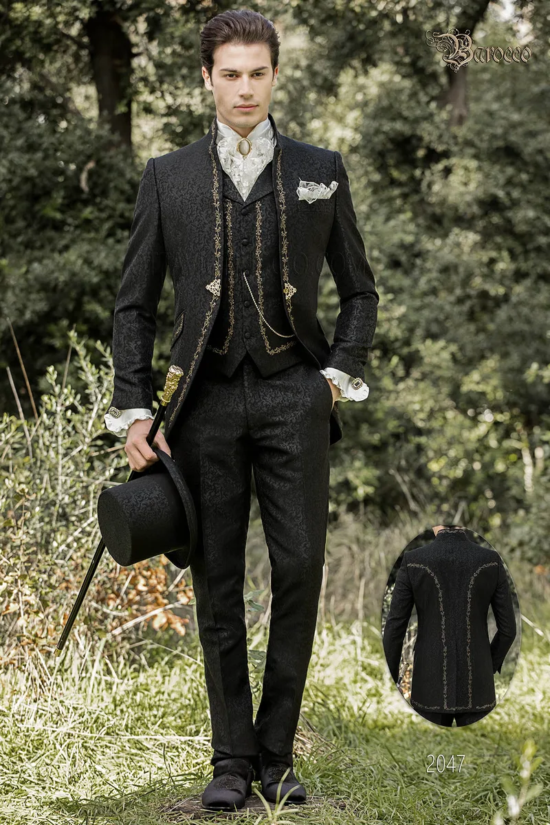 Abito collo coreana stile barocco damascato nero ricamato oro 1