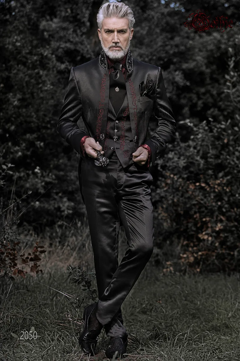 Frak abito sposo raso luxury nero ricamo rosso 1