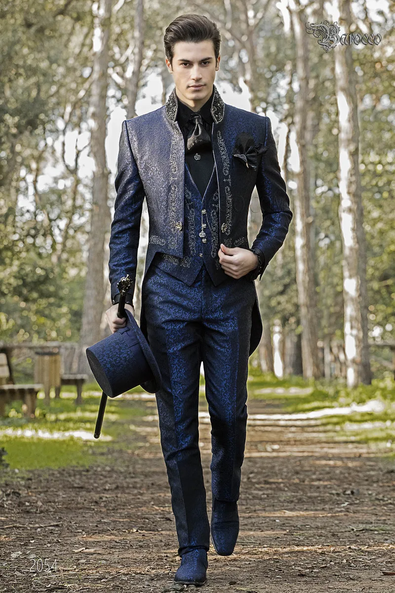 Abito frak collo coreano damascato blu per uomo gotico 1
