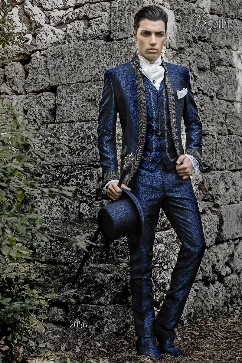 Abito uomo collo coreano damascato blu con strass cristallo fumè 1