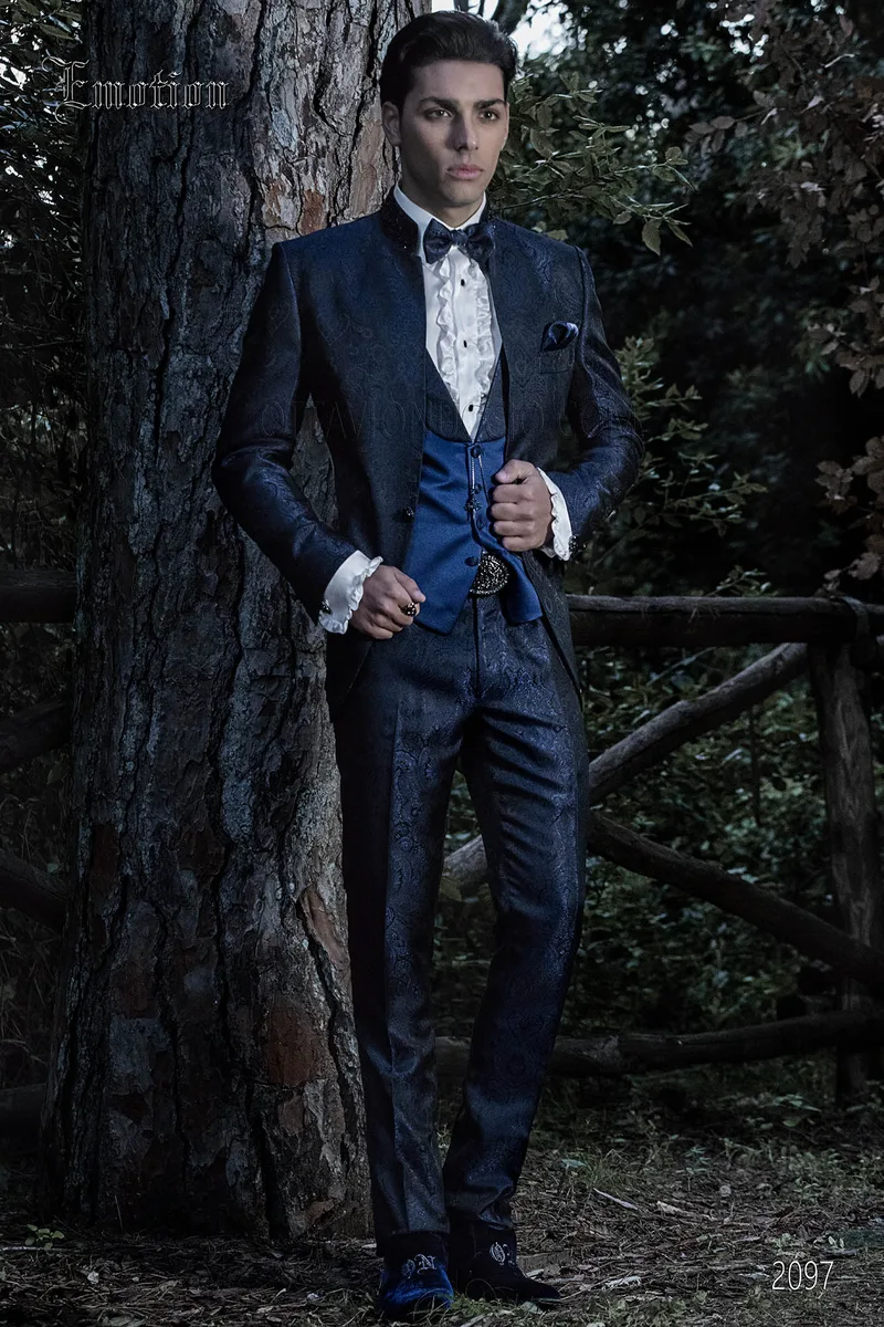 Vestito da sposo coreano damascato blu 1