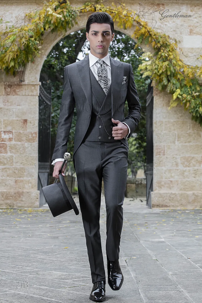 Abito da uomo sposo tight moderno grigio scuro, misto lana 1