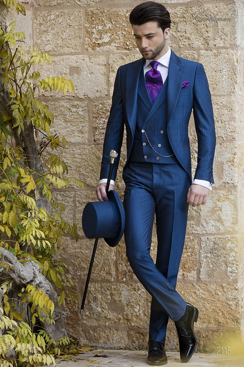 Vestito uomo classico blu royal, moda sposo misto lana mohair 1
