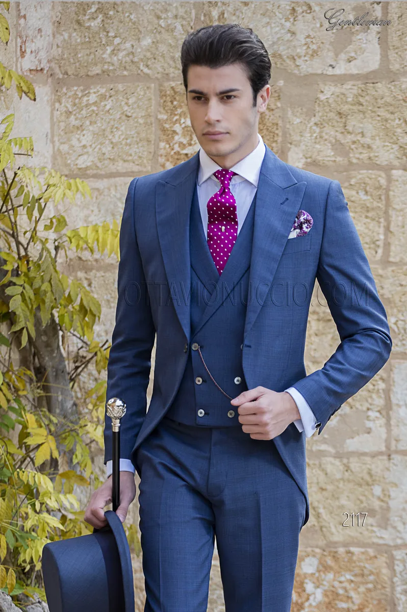 Abito da sposo tight moderno blu tessuto Principe di Galles 1