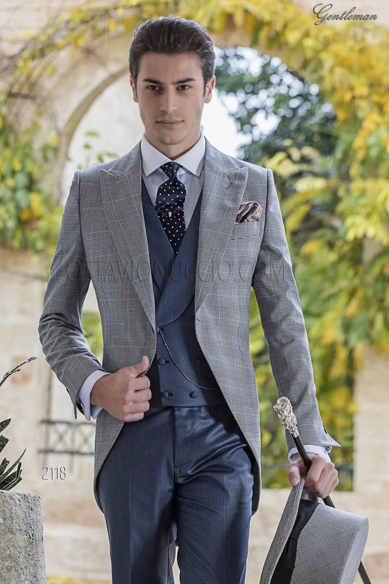Abito sposo Tight moderno Principe di Galles grigio e pantalone blu 1