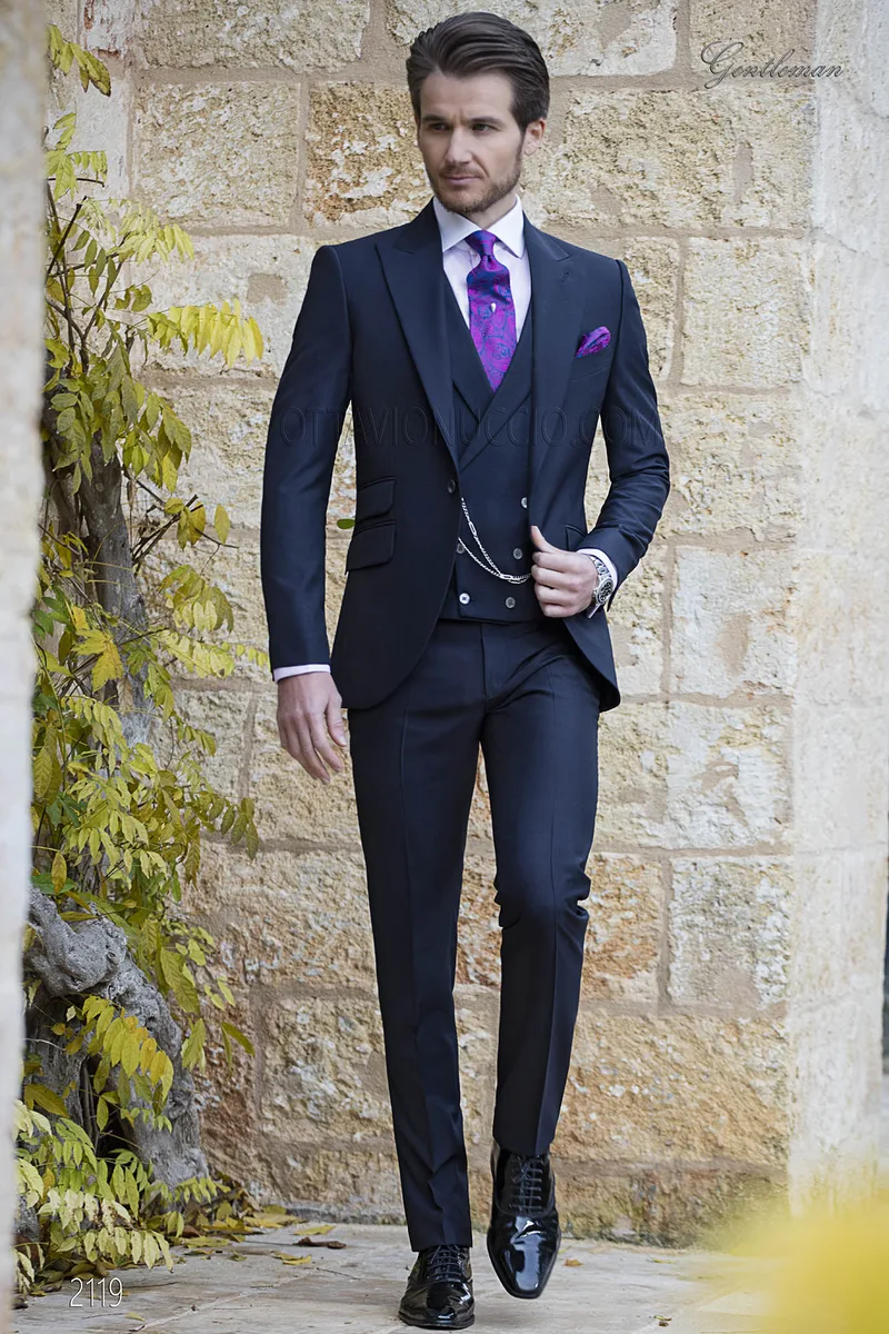 Abito da sposo blu moda uomo, in misto lana mohair 1