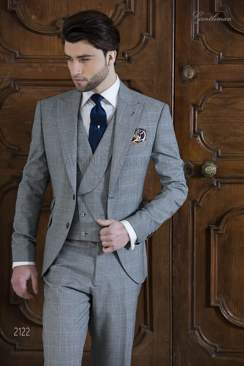 Abito da cerimonia uomo in principe di galles grigio check celeste 1