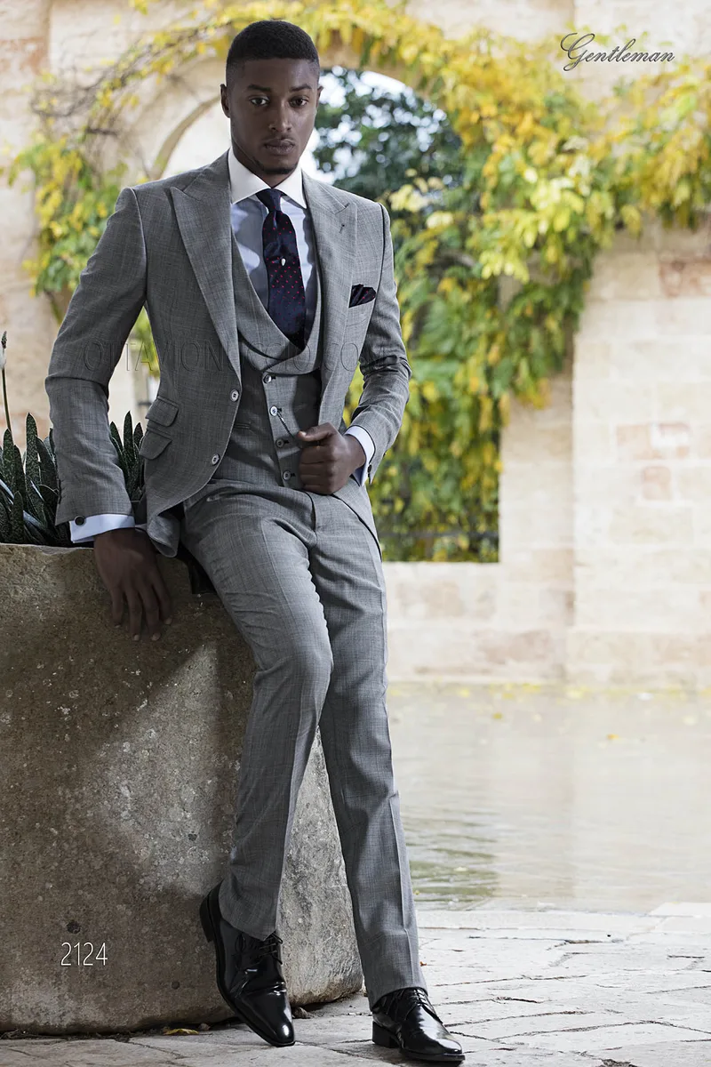 Abito cerimonia uomo elegante tessuto grigio principe di Galles 1