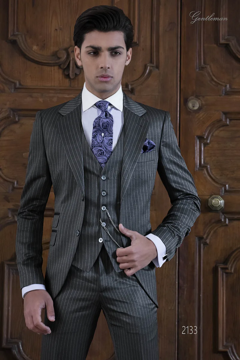 Abito 3 pezzi da sposo fashion gessato grigio 1