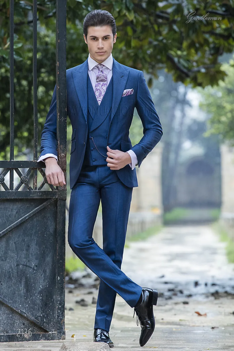 Abito da sposo elegante blu elettrico in misto lana mohair 1