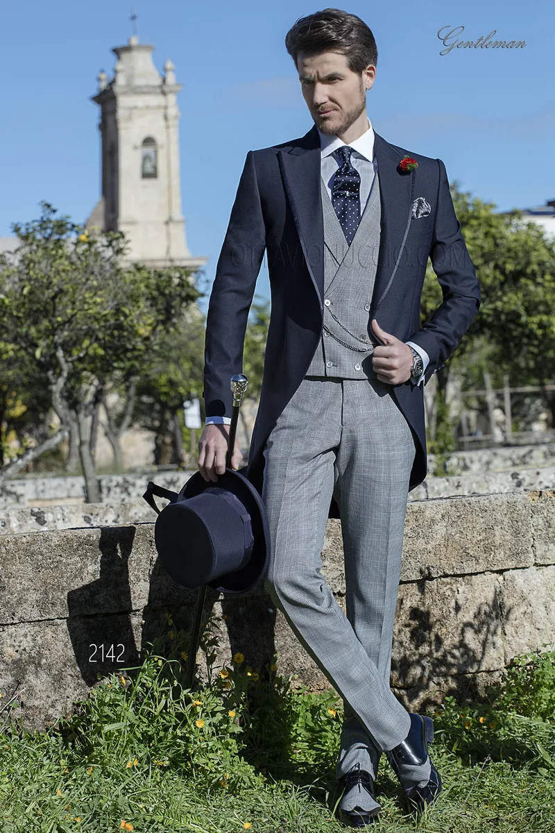 Completo Tight blu con pantalone e gilet principe di galles grigio 1