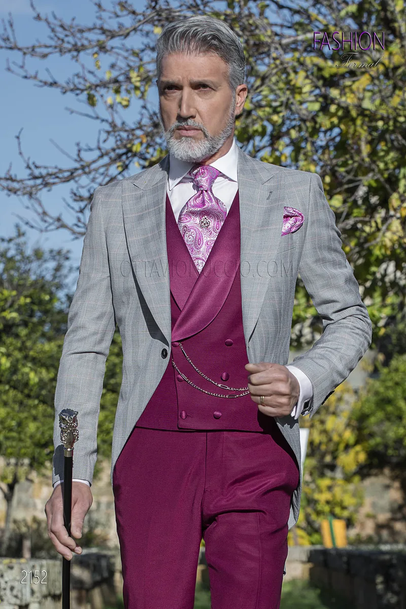 Abito uomo principe di galles da sposo, pantalone e gilet fucsia 1