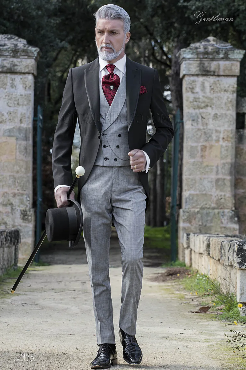 Vestito da sposo, giacca nera con pantalone e gilet principe di galles 1