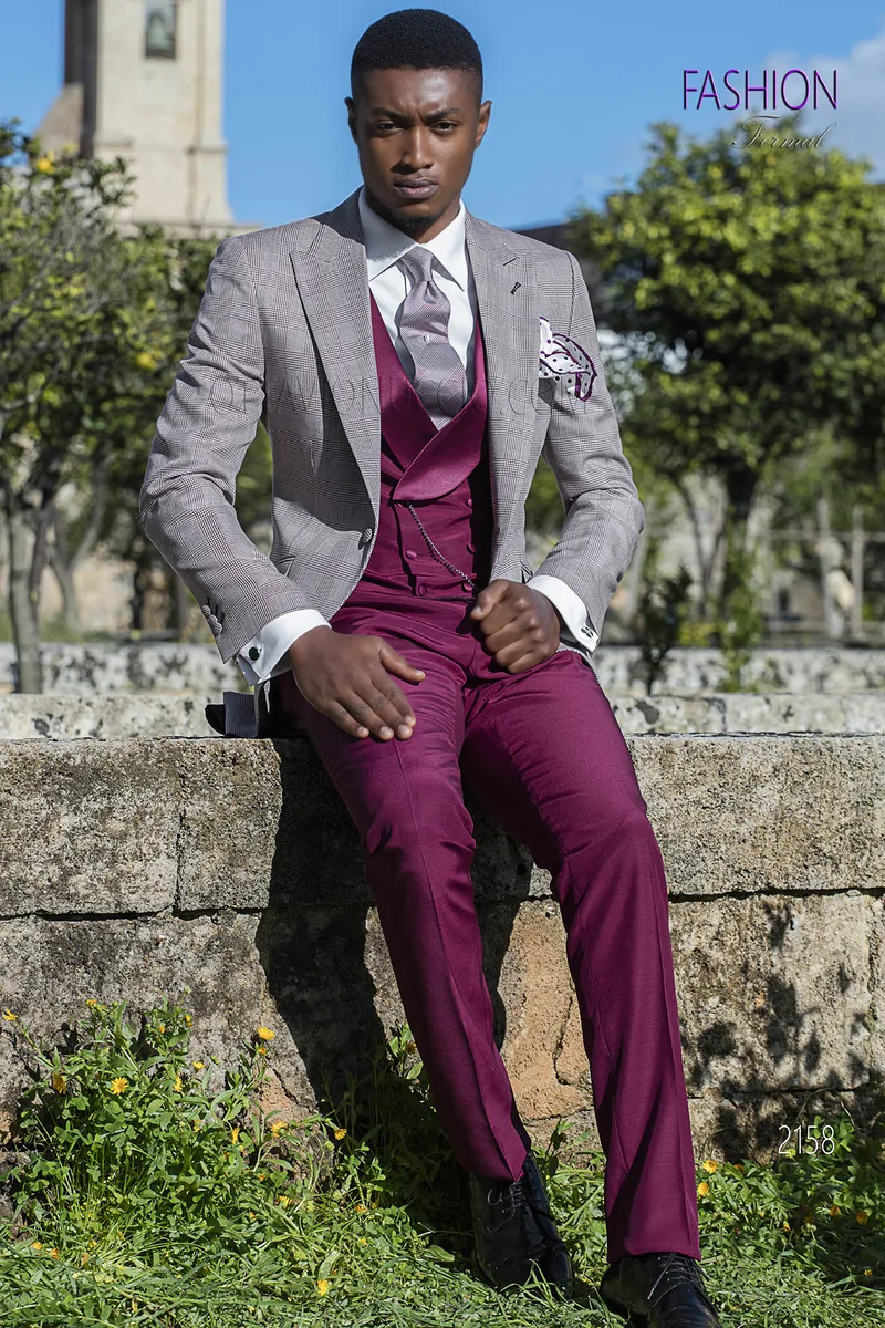 Vestito uomo principe di galles da sposo fashion check bordeaux 1