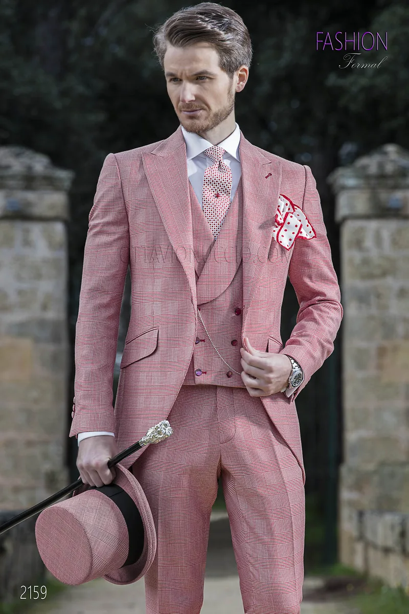 Abito da sposo tight fashion principe di galles check rosso 1