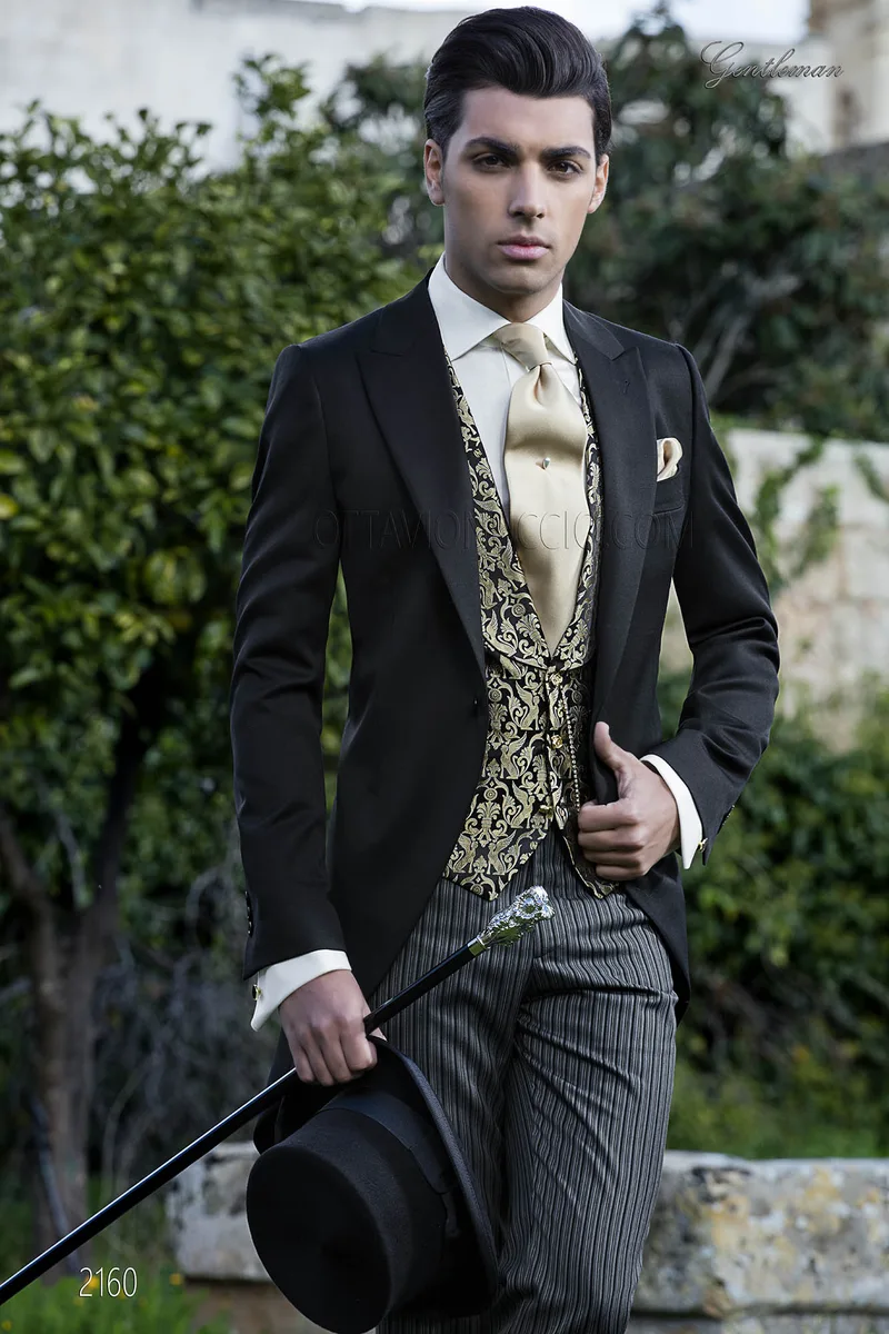 Abito tight nero da carimonia uomo con pantalone a righe 1