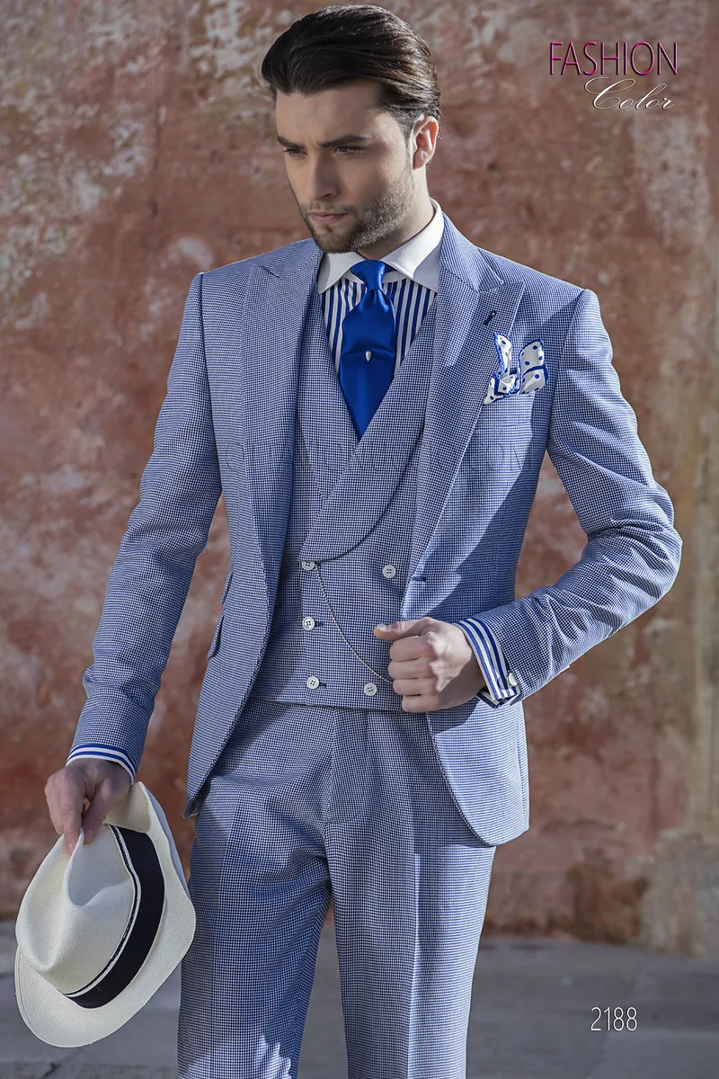 Abito da sposo moda fashion blu chiaro in tessuto pied de poule 1