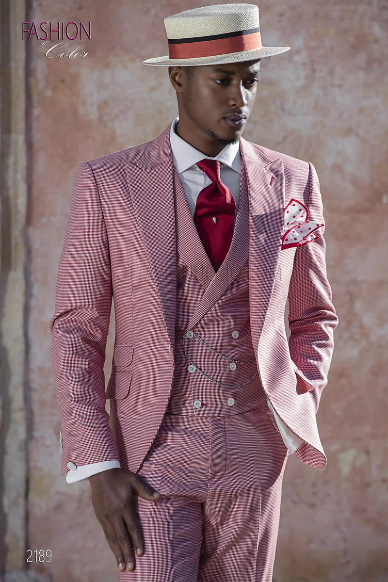 Abito fashion moda sposo uomo rosso in tessuto pied de poule 1