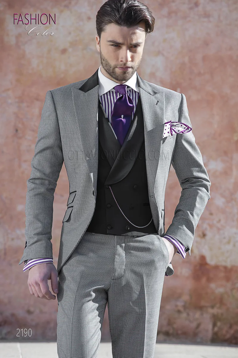 Abito fashion moda sposo grigio nero, tessuto pied de poule 1