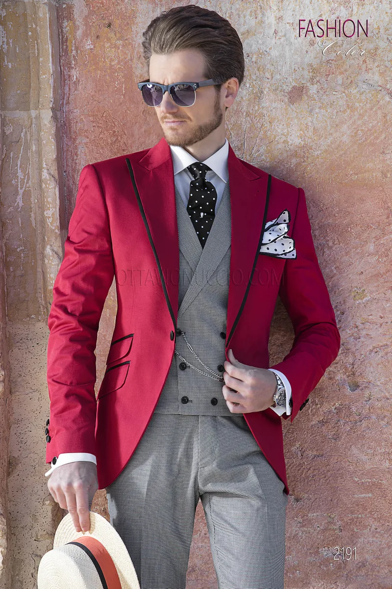 Completo da sposo uomo fashion rosso , pantalone e gilet pied de poule 1