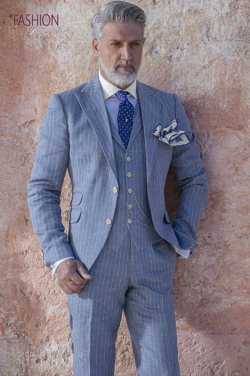 Abito uomo moda fashion, riga diplomatica gessata in lino celeste 1
