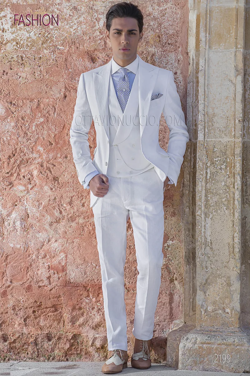 Abito da sposo fashion lino bianco per cerimonie estive 1