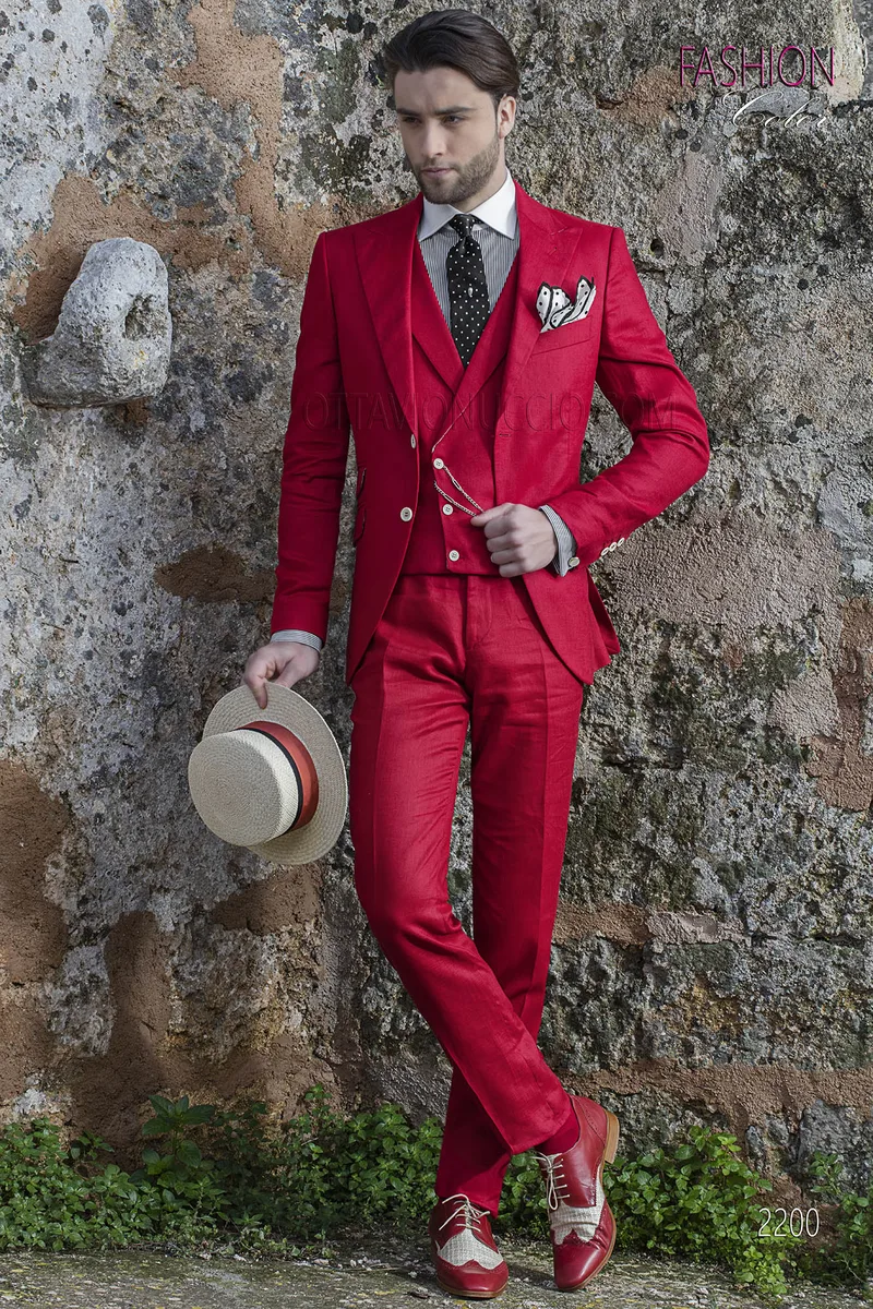 Abito moda sposo per matrimonio estivo puro lino rosso 1