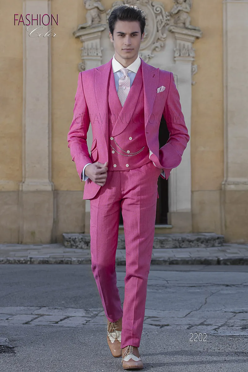Abito da cerimonia uomo estivo puro lino fucsia 1