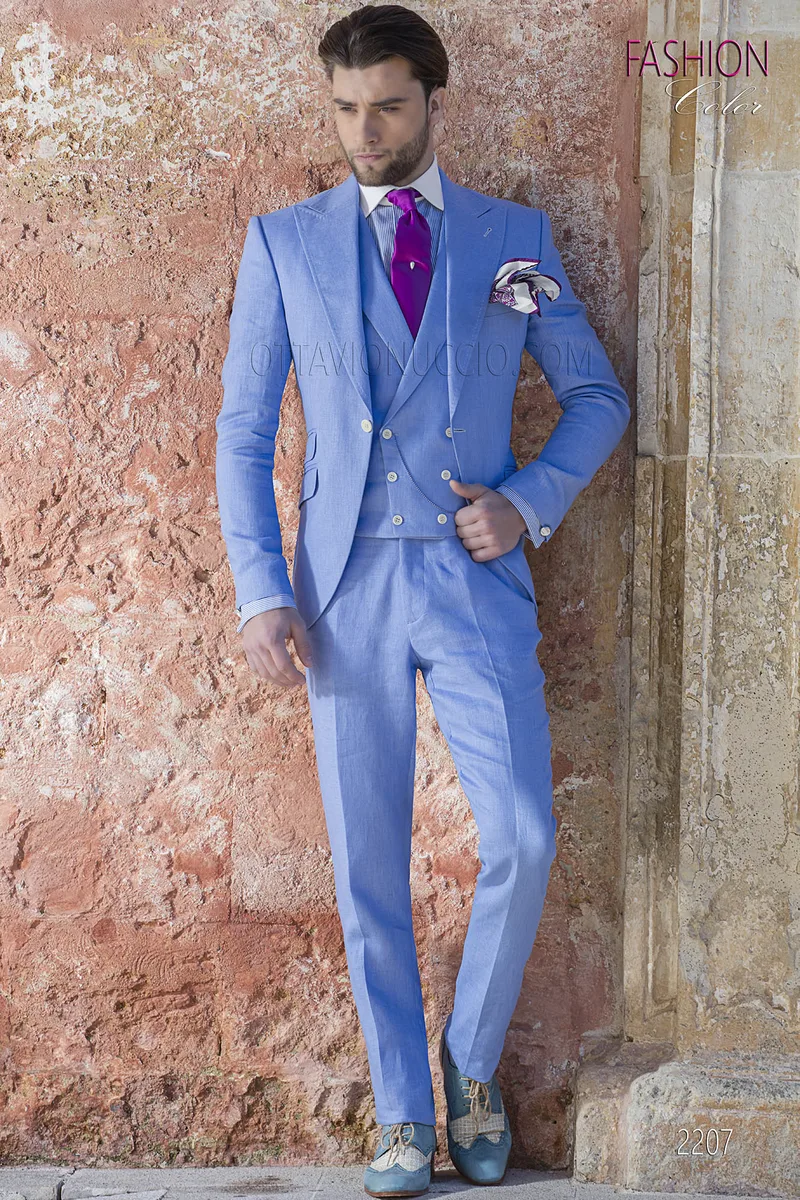 Abito da cerimonia uomo fashion in puro lino celeste 1