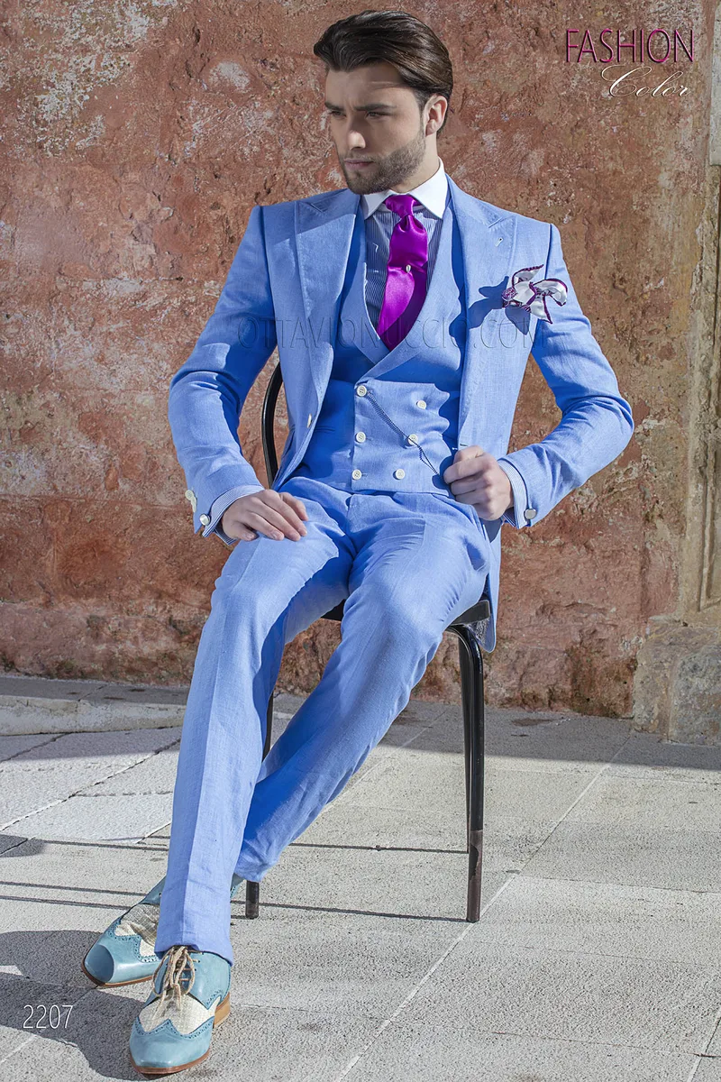 Abito da cerimonia uomo fashion in puro lino celeste 2