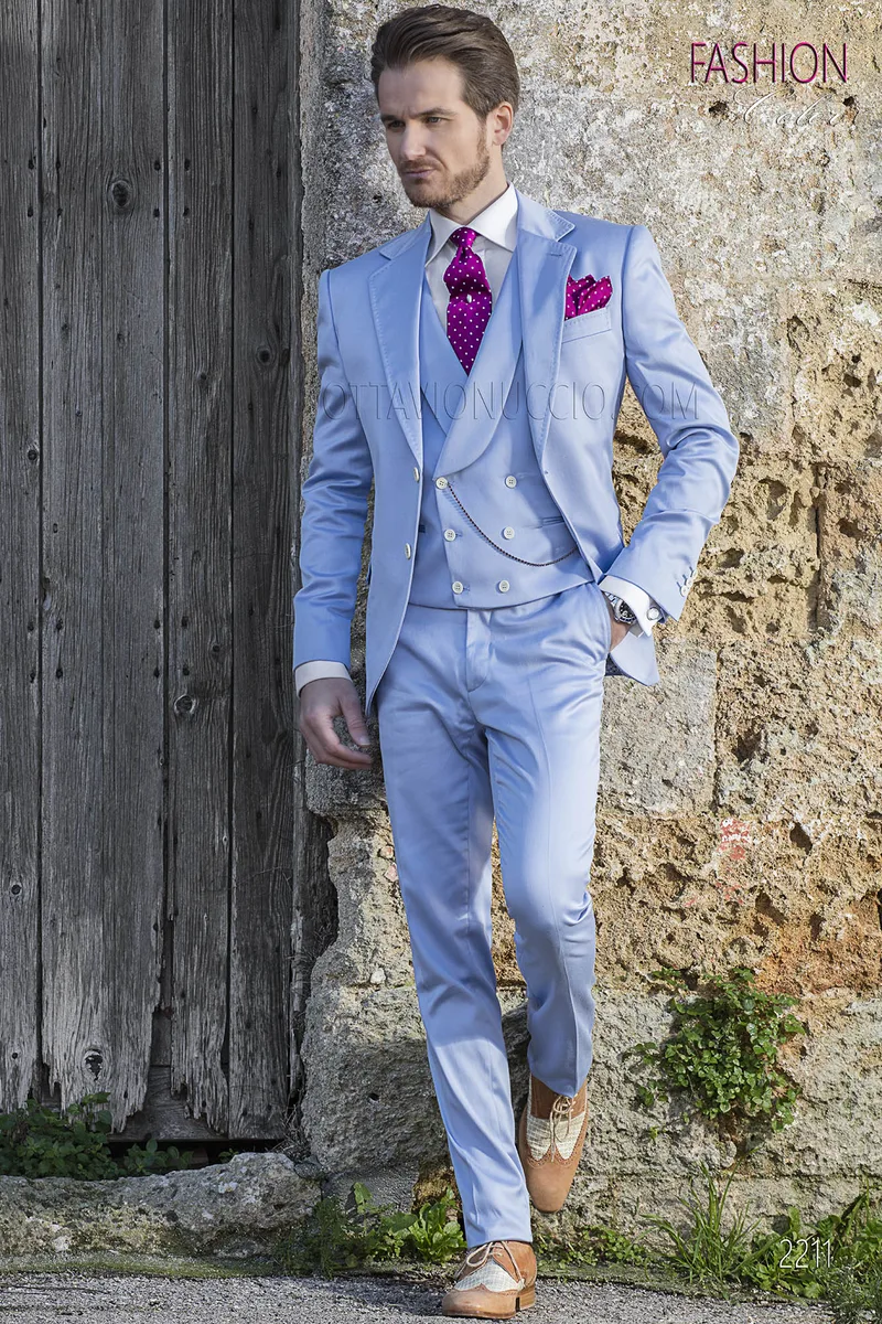 Abito in raso luxury di cotone celeste per moda sposo uomo fashion 1