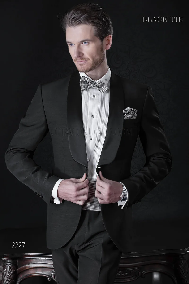 Smoking sposo sciallato nero per uomo | Abito uomo elegante 1