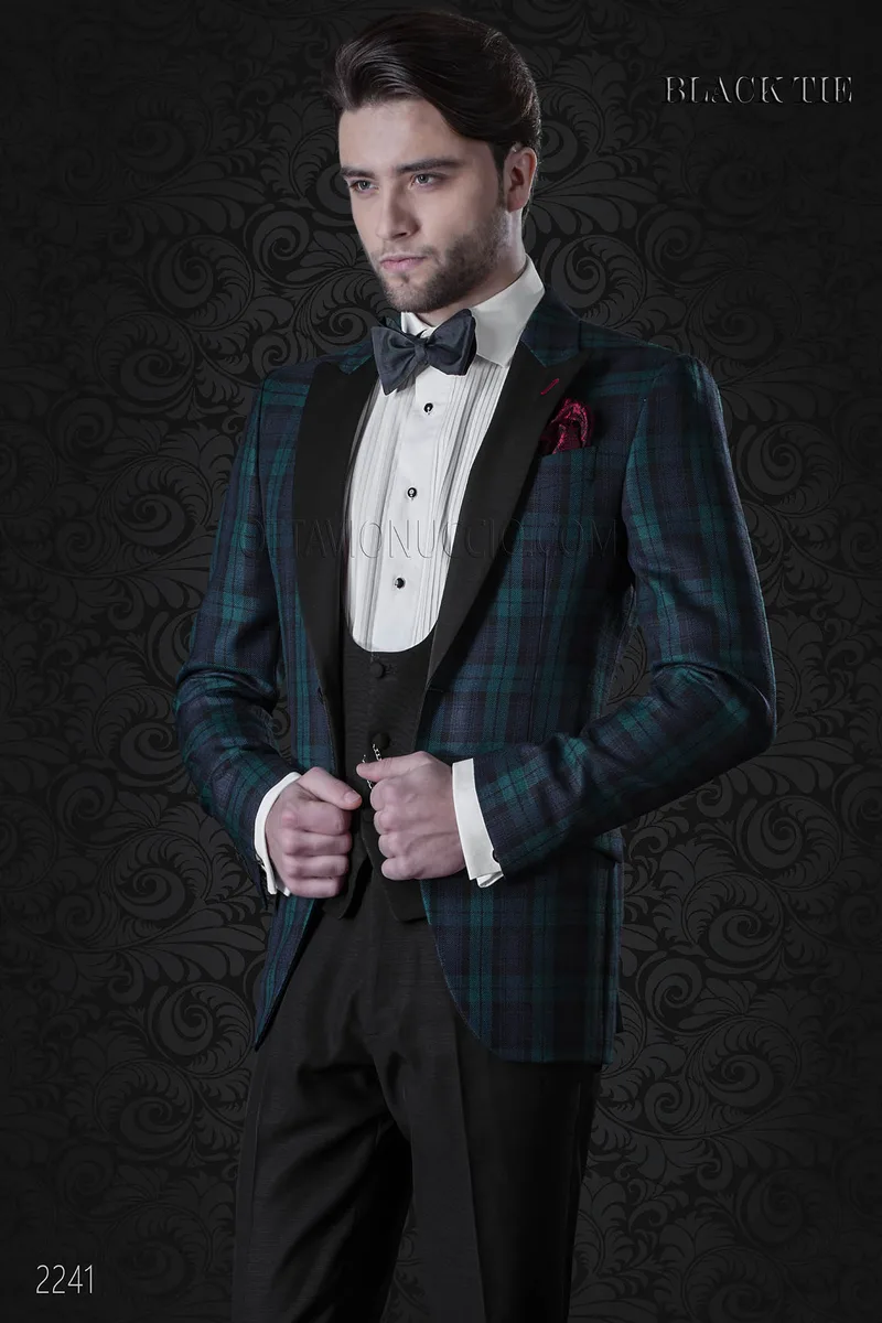 Giacca smoking uomo in tartan blu verde per eventi di gala 1