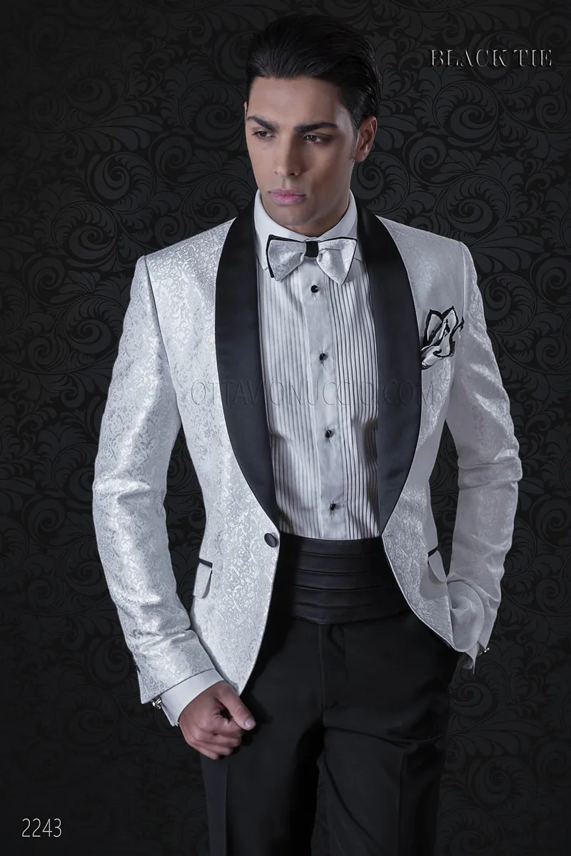 Smoking uomo damascato bianco, pantalone nero 1