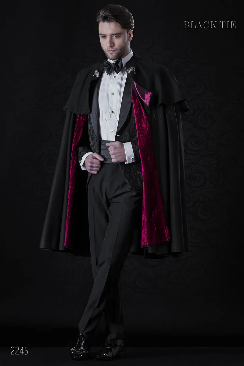Smoking damascato nero, collo sciallato moda da sposo 1