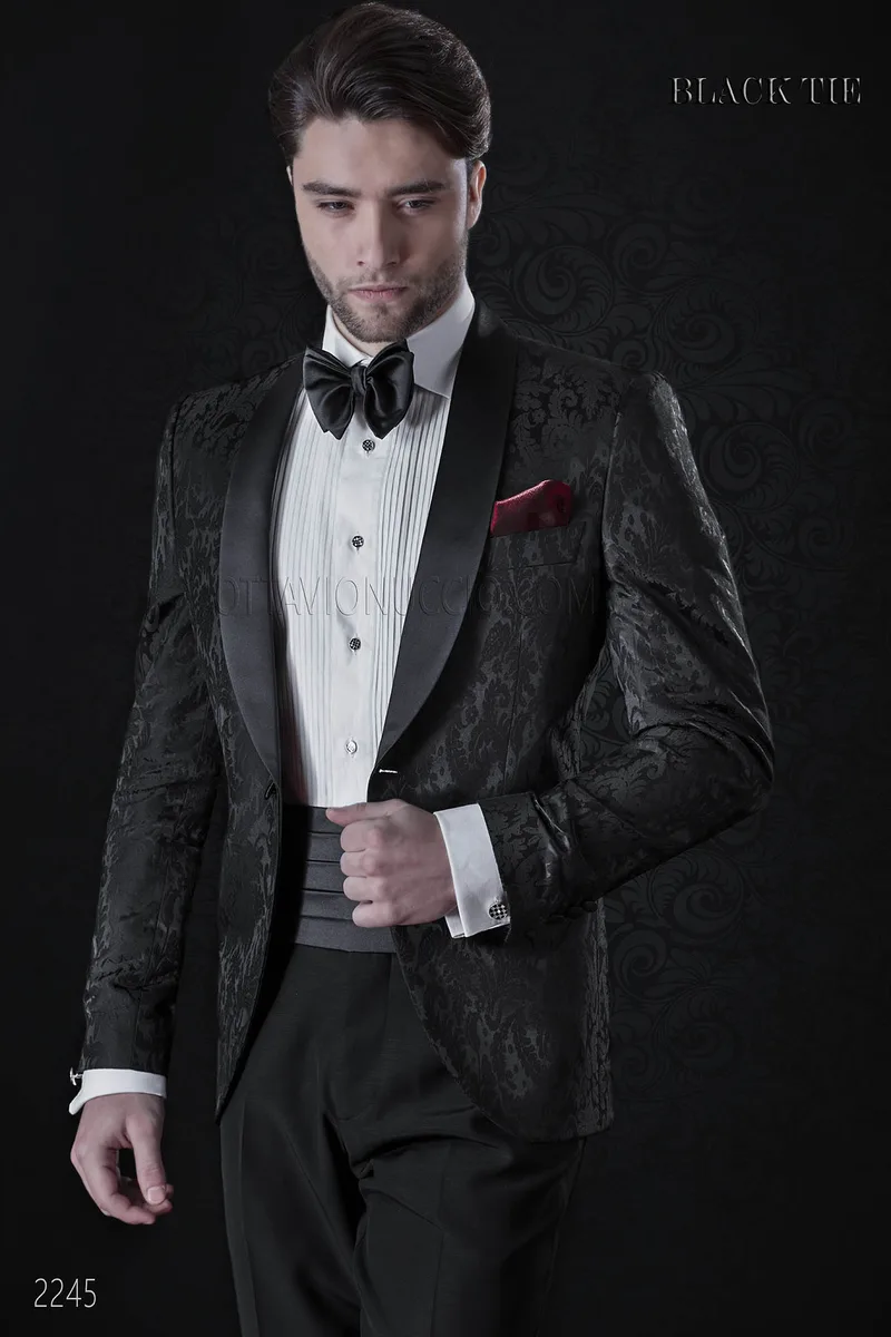 Smoking damascato nero, collo sciallato moda da sposo 2